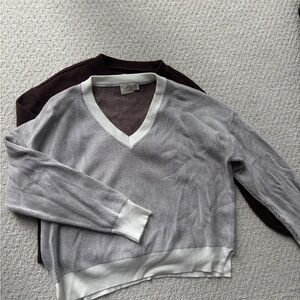 Women’s Gray and White V-Neck Sweater